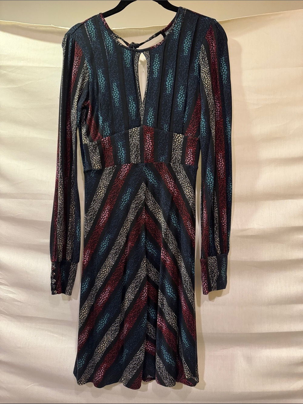 Vintage Free People Chevron Long-Sleeve Midi Dress in Navy, Burgundy, Teal Sz 4